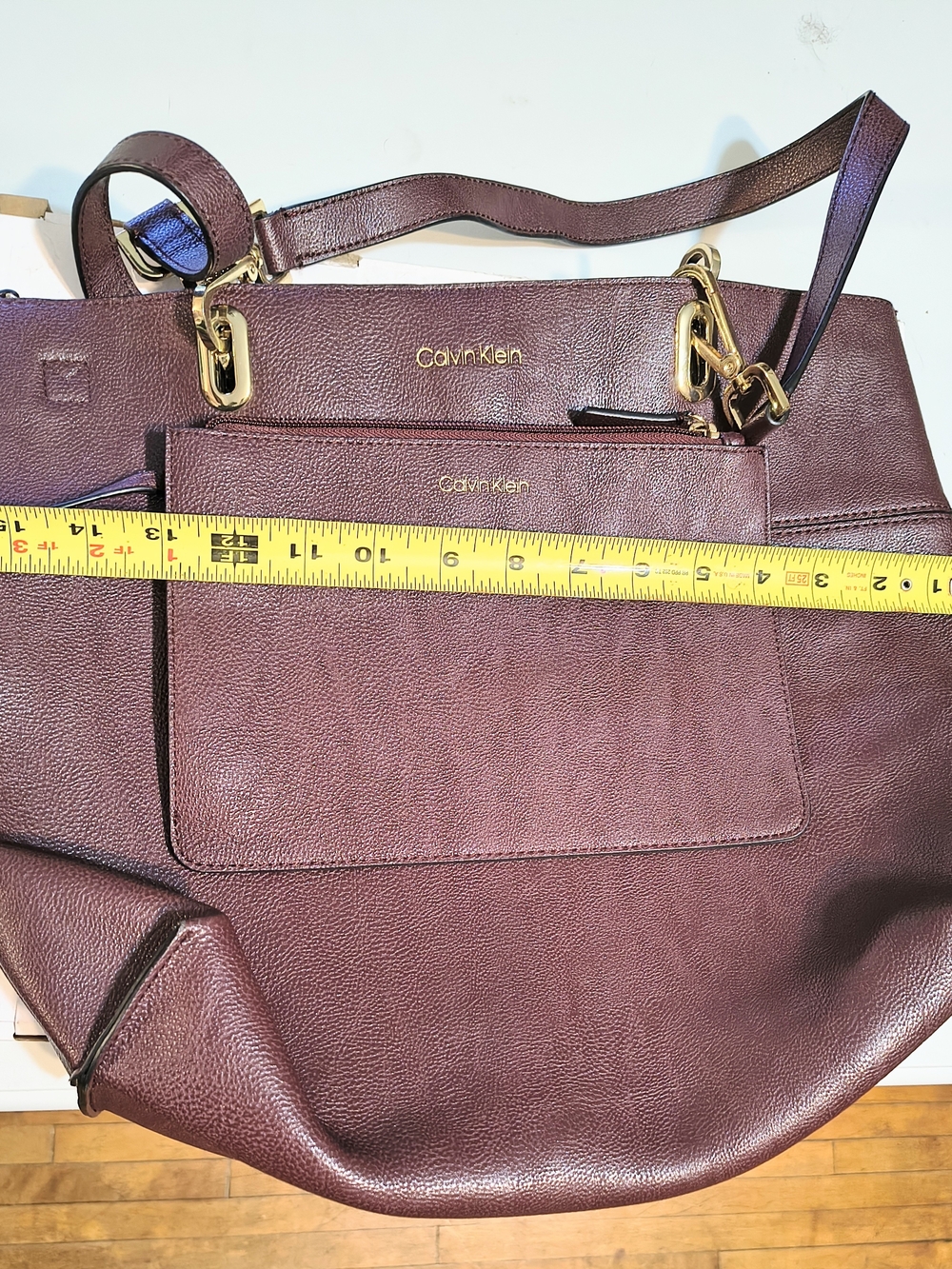Calvin Klein Burgundy Leather Tote with Gold Hardware Matching Wallet